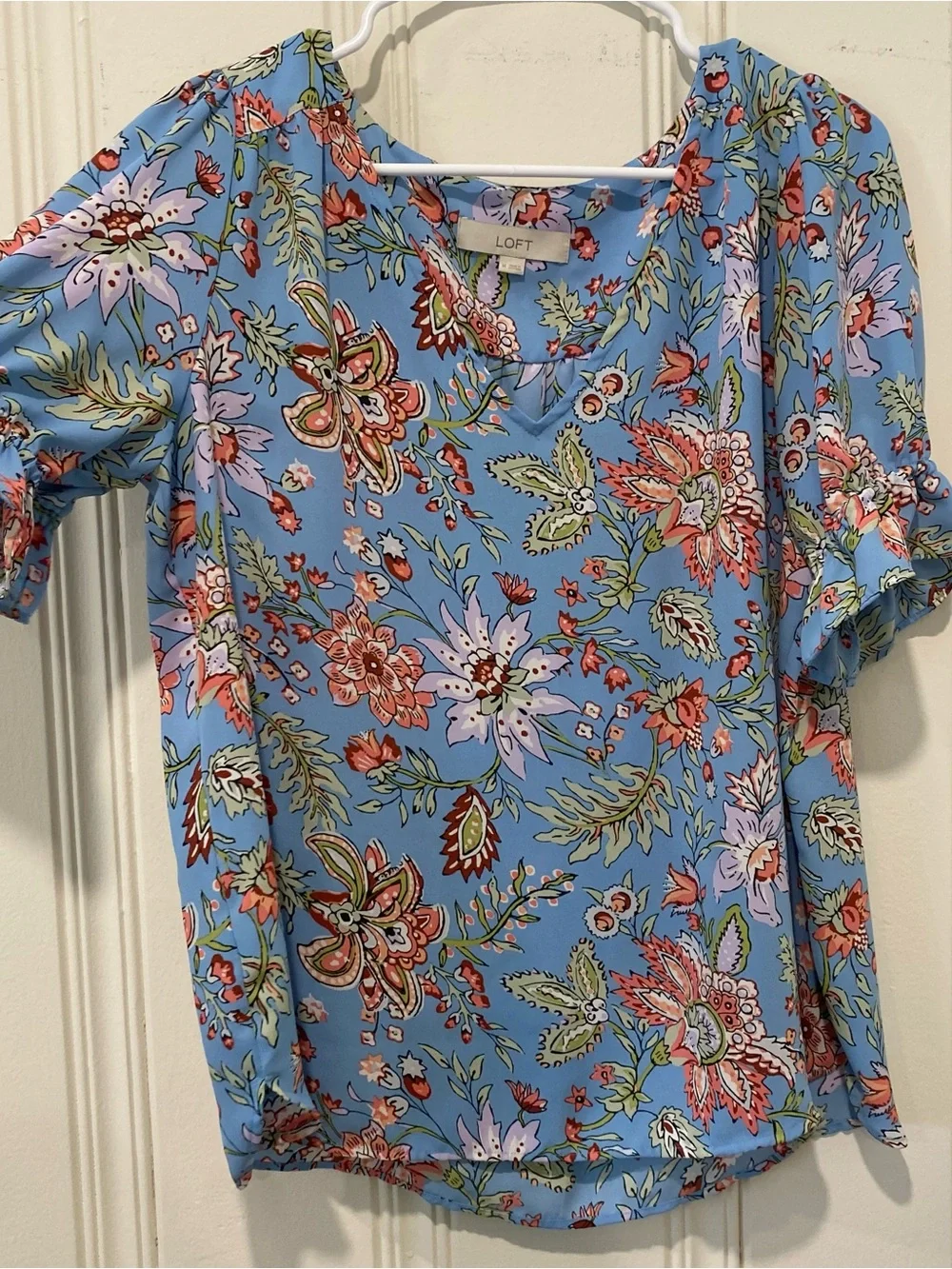 LOFT Light Blue Floral Puff-Sleeve Blouse